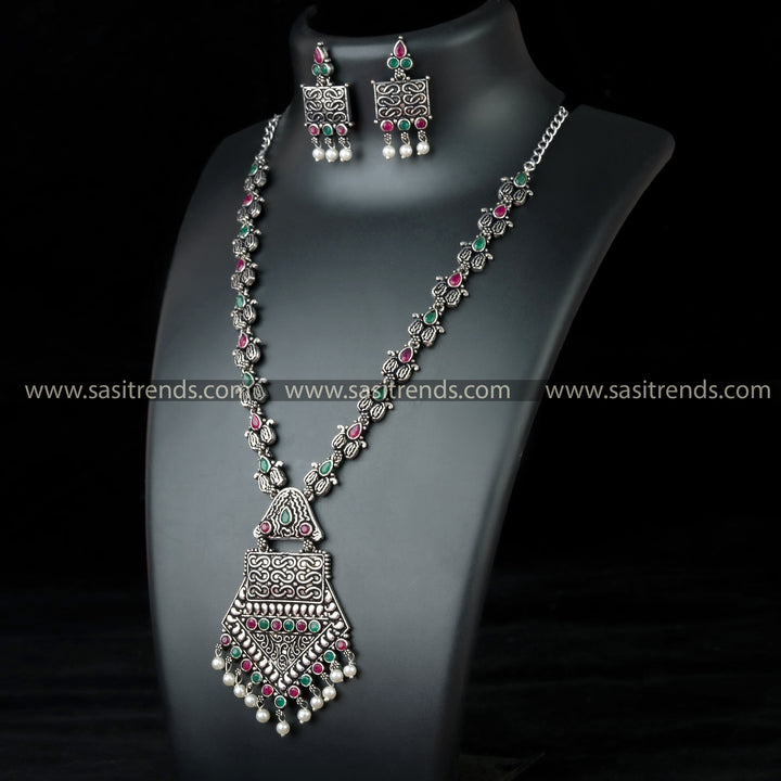 Stunning Tribal Pendant Necklace Set with Black Stones and Pearl Drops - Trendy Oxidized German Silver Jewelry