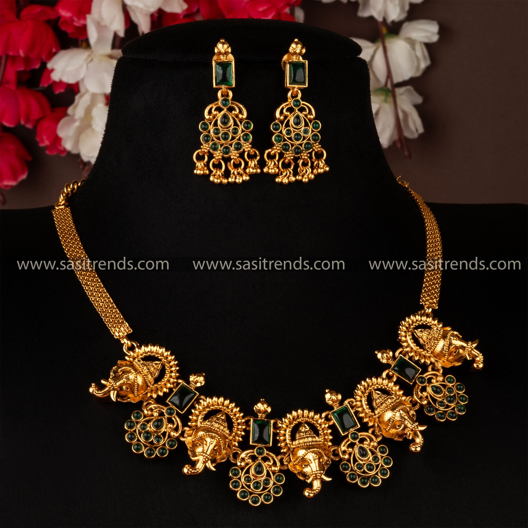 New Vinayagar Matt Gold Tone Choker Green Necklace Jewellery Set