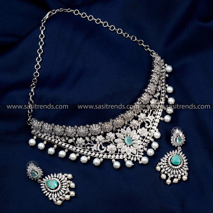 Stunning Rhodium Silver Plated Wedding Choker Jewellery Set with Pearl Drops & American Diamonds