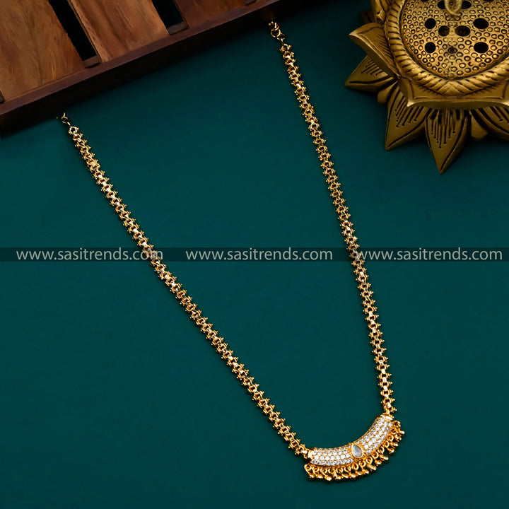 Traditional Micro Gold Plated Long Gajiri Chain with Pendant and AD Stones - Sasitrends - Sasitrends