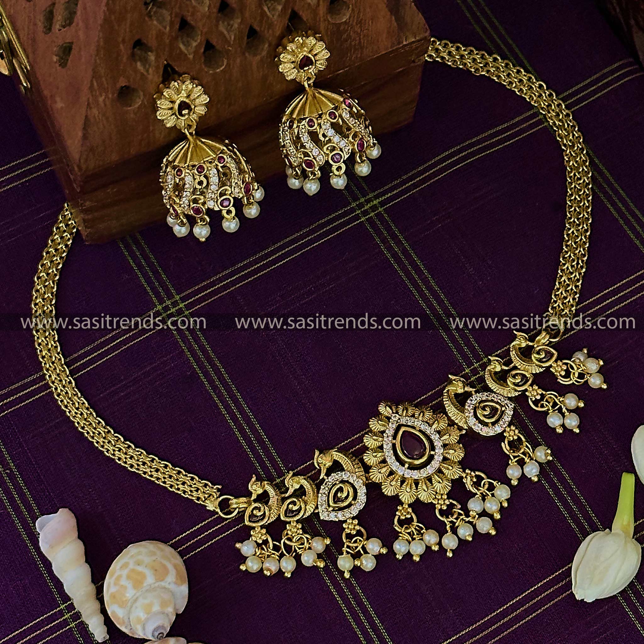 White Ruby Stone Traditional Matte Gold Plated Peacock Choker Necklace with Jhumkas for Women