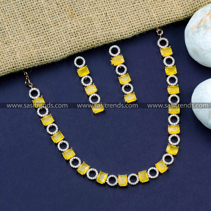 Radiant Rose Gold Plated AD Necklace Set with Dazzling Yellow Stones - Party Elegance