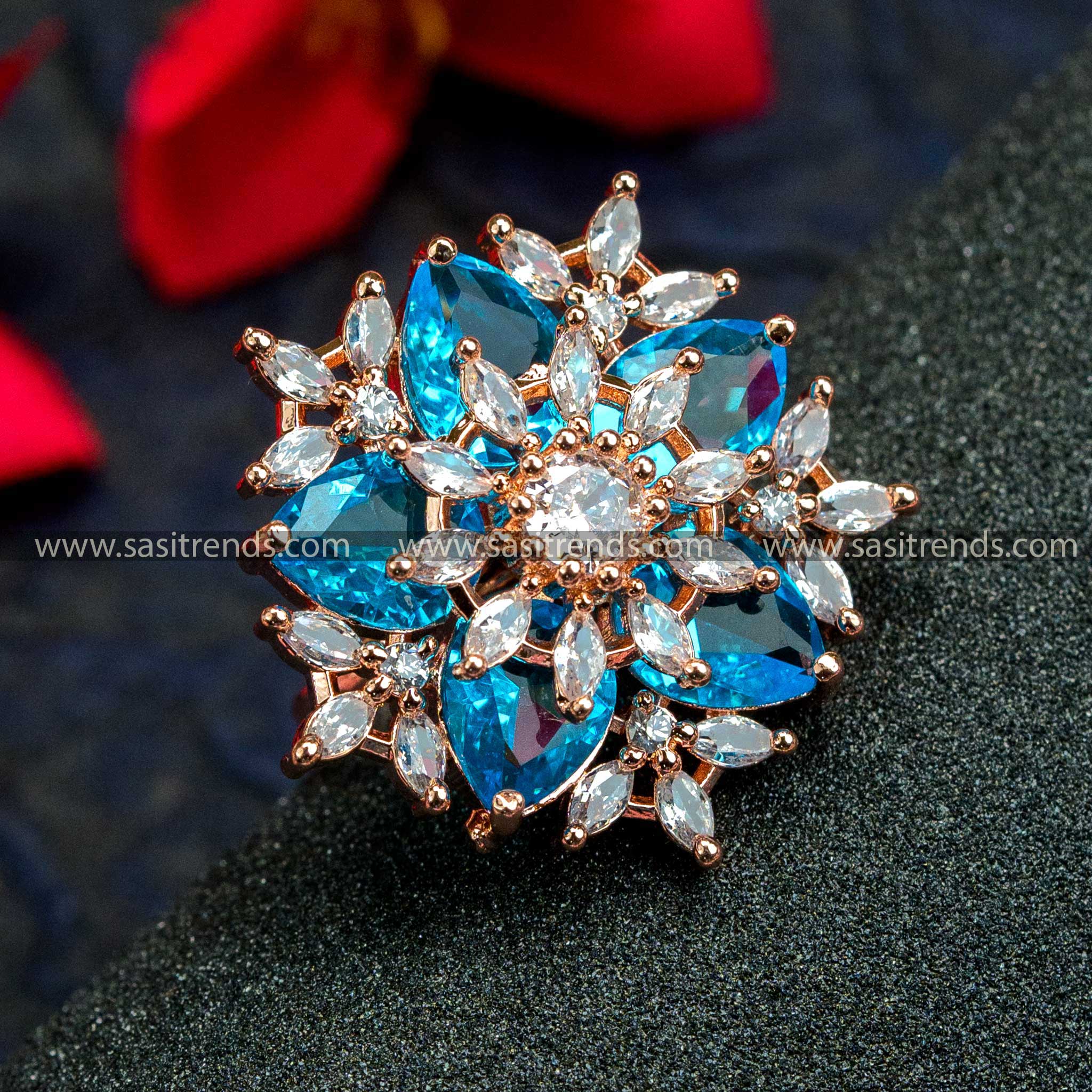 Rose Gold Plated Floral Ring with American Diamonds in Captivating Ocean Blue - Trendy Party Wear for Women 