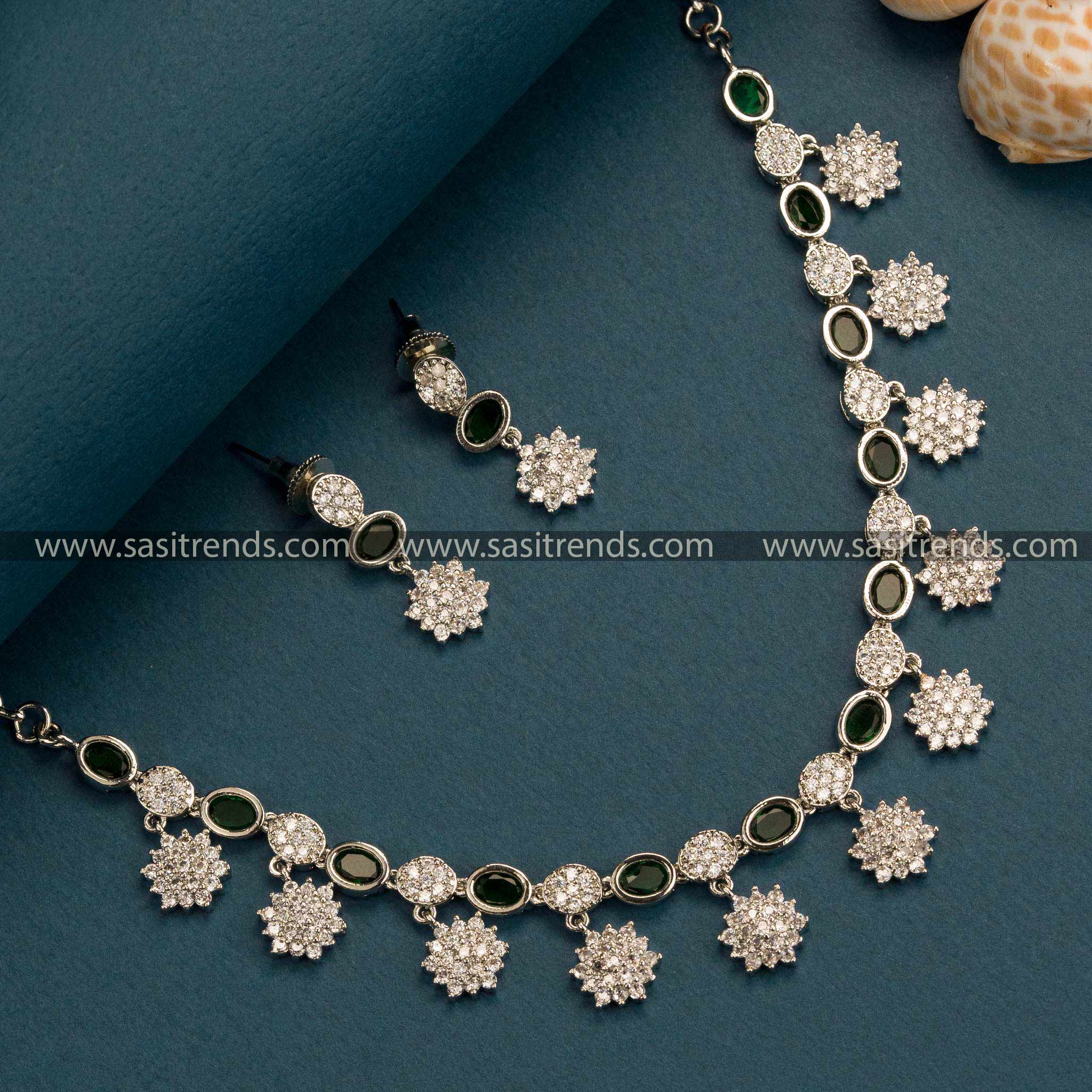 Stunning Ocean Blue Floral Necklace Set with American Diamond Stones - Rhodium Silver Plated Trendy Party Wear Jewelry