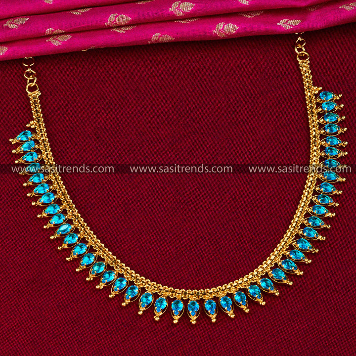 Ocean Blue Micro Gold Necklace: Traditional Design with AD Stone Details