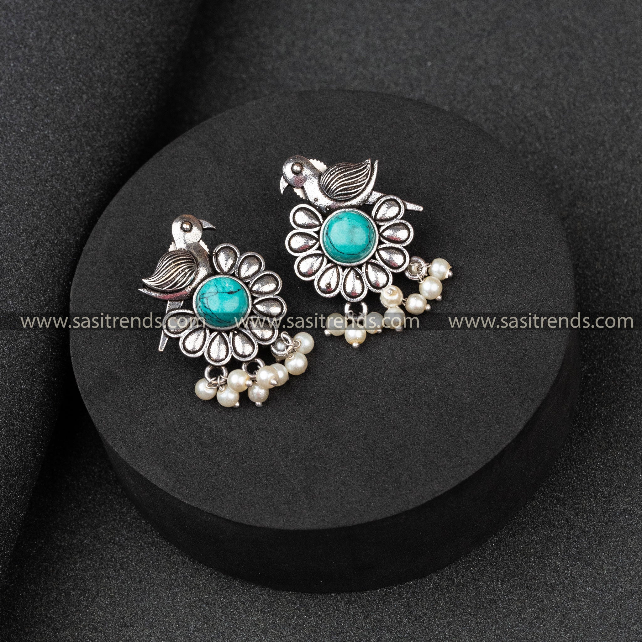 Office Wear Oxidised German Silver Parrot Designer Pearls Round Monalisa Stone Studded Turquoise Earrings