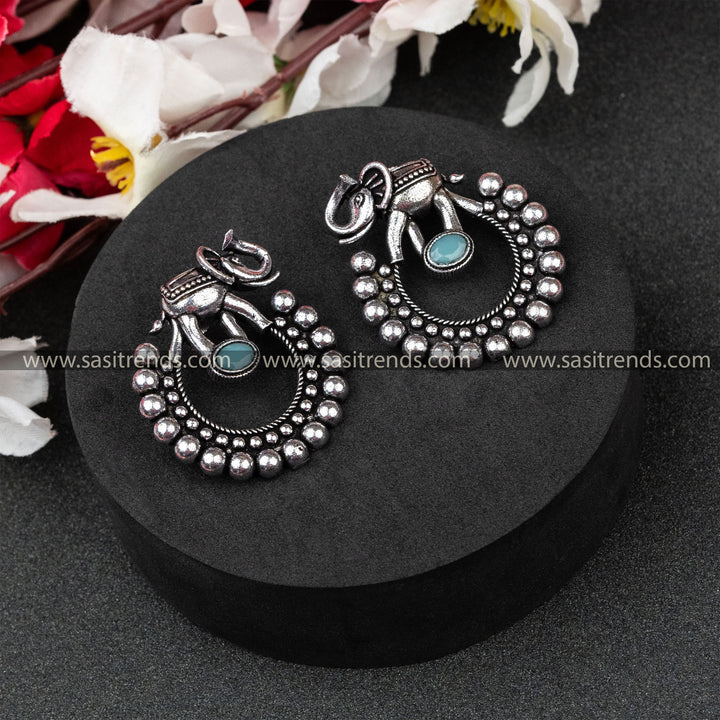 Traditional Oxidised German Silver Elephant Designer Oval Monalisa Stone Turquoise Earrings