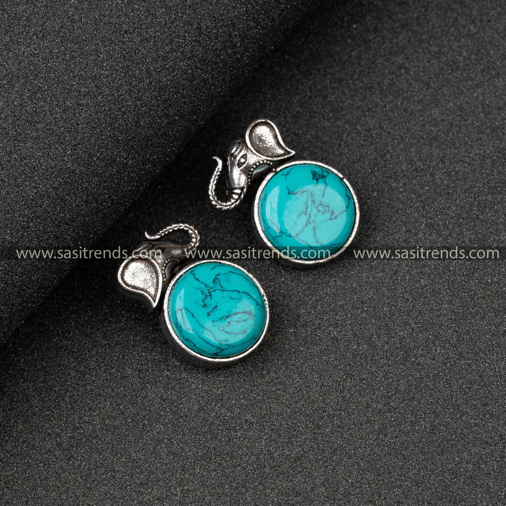 Office Wear Oxidised German Silver Elephant Head And Round Monalisa Stone Turquoise Earrings