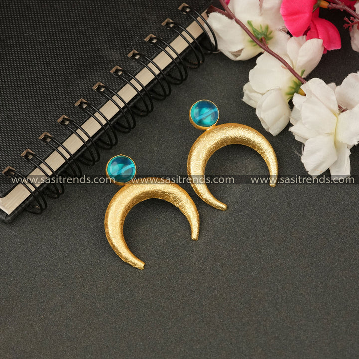 Office Wear Gold Plated Aqua Blue Monalisa Stone Studded Moon Pattern Earrings