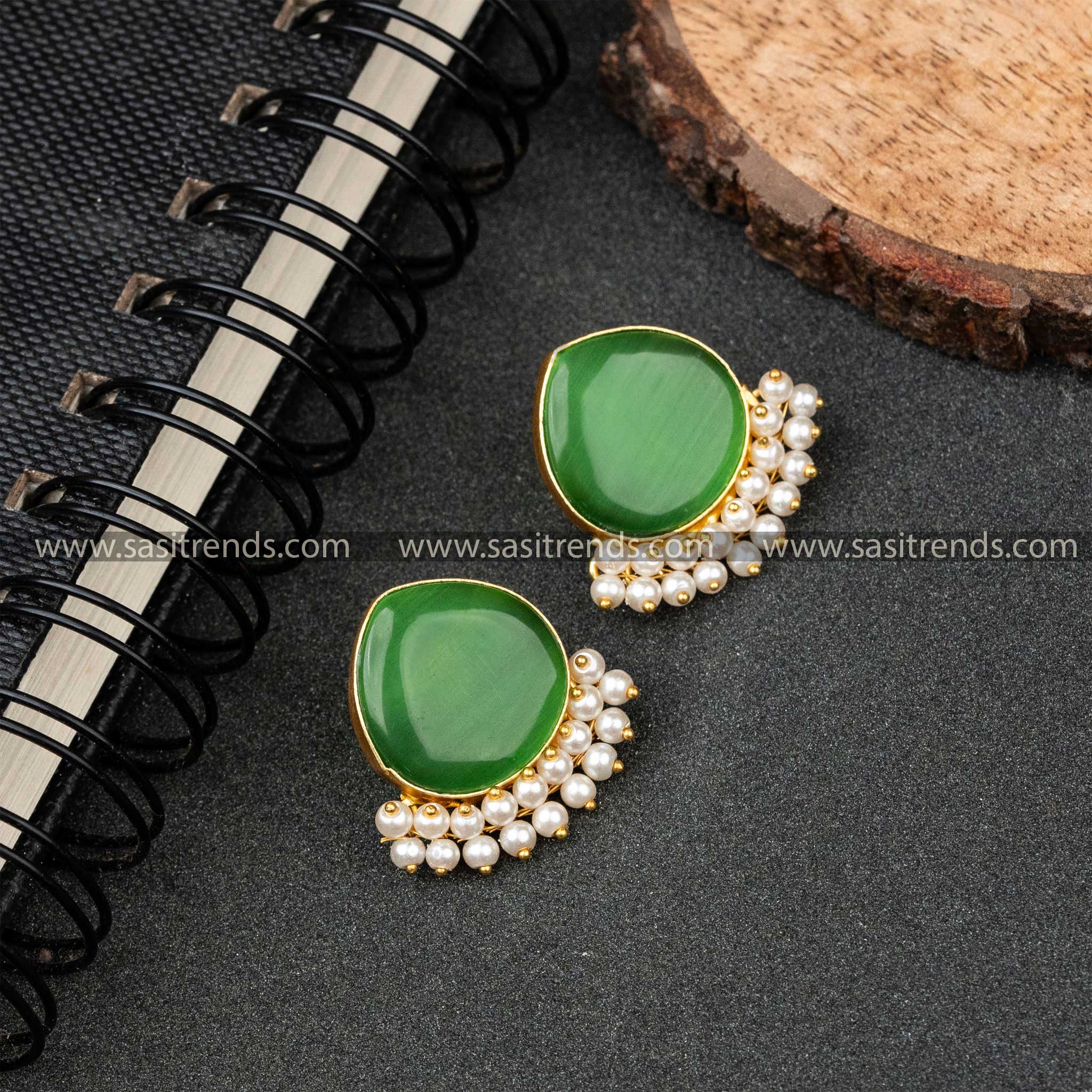 Office Wear Gold Plated Pearl Hanging Monalisa Stone Studded Earrings