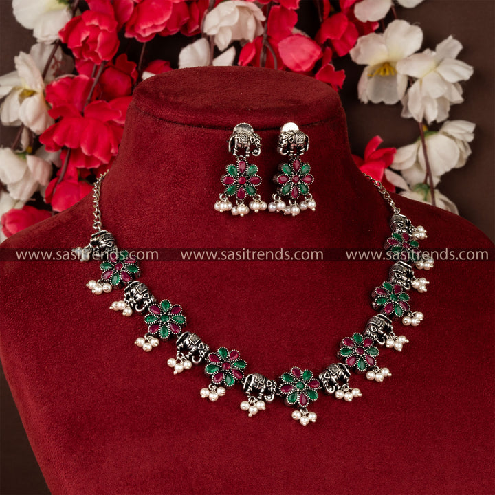 Office Wear Oxidized German Ruby Necklace With Earrings Jewellery Set