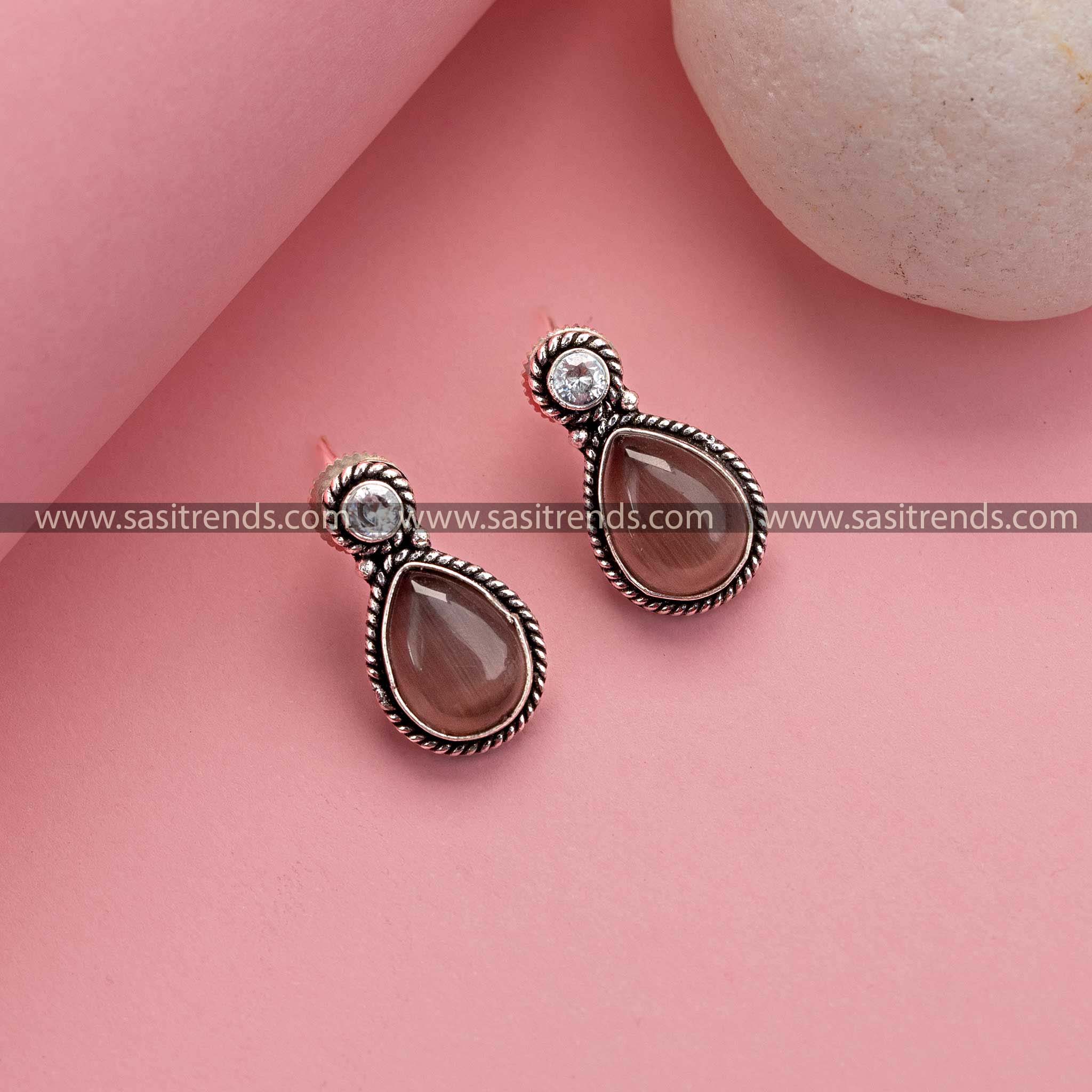 Peach Oxidized German Silver Earrings - Sophisticated Office Wear, Monalisa and AD Stones