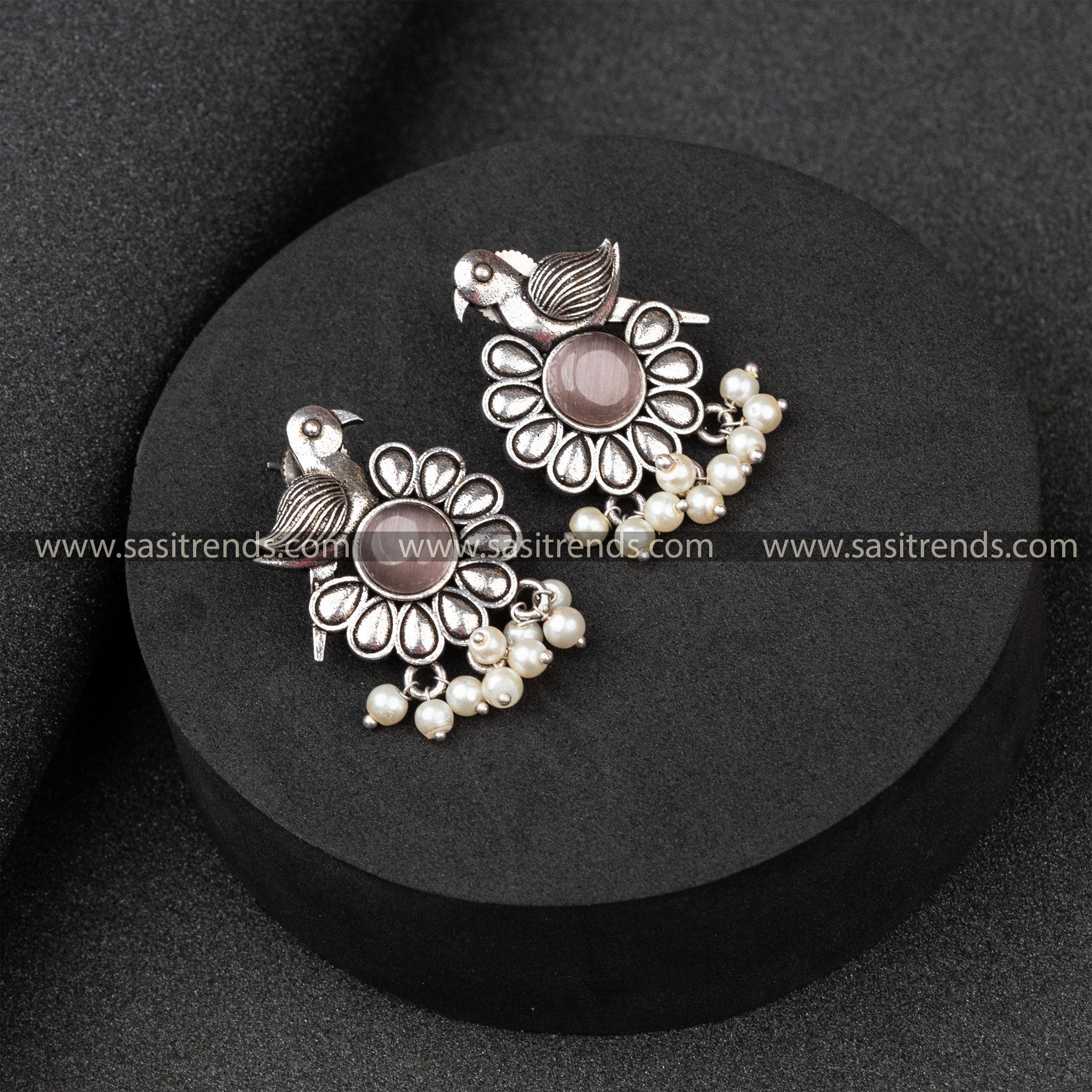 Traditional Oxidised German Silver Parrot Designer Pearls Round Monalisa Stone Studded Peach Earrings