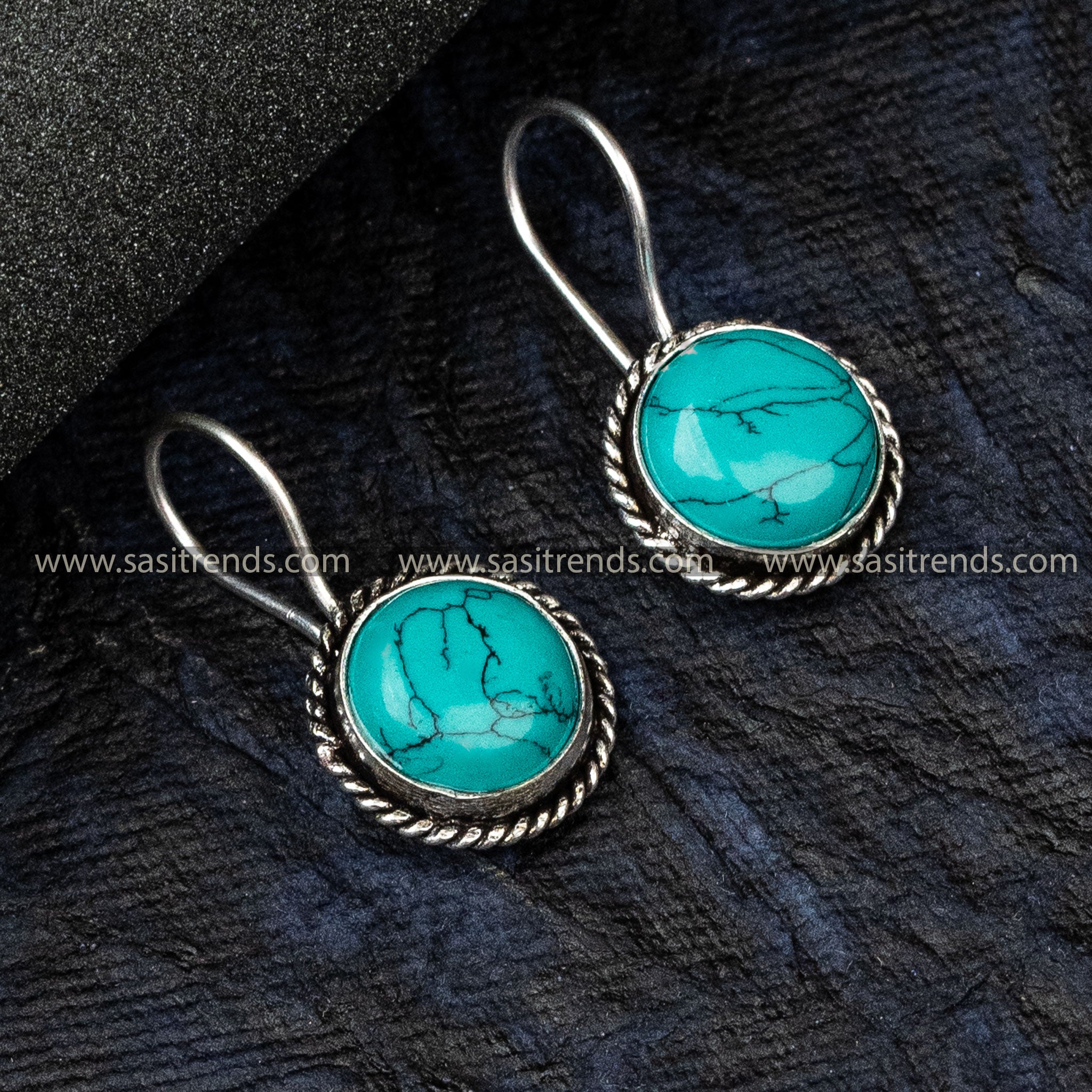 Trendy Office Wear Oxidised German Silver Earrings Circular Pattern Monalisa Stone Turquoise Earrings