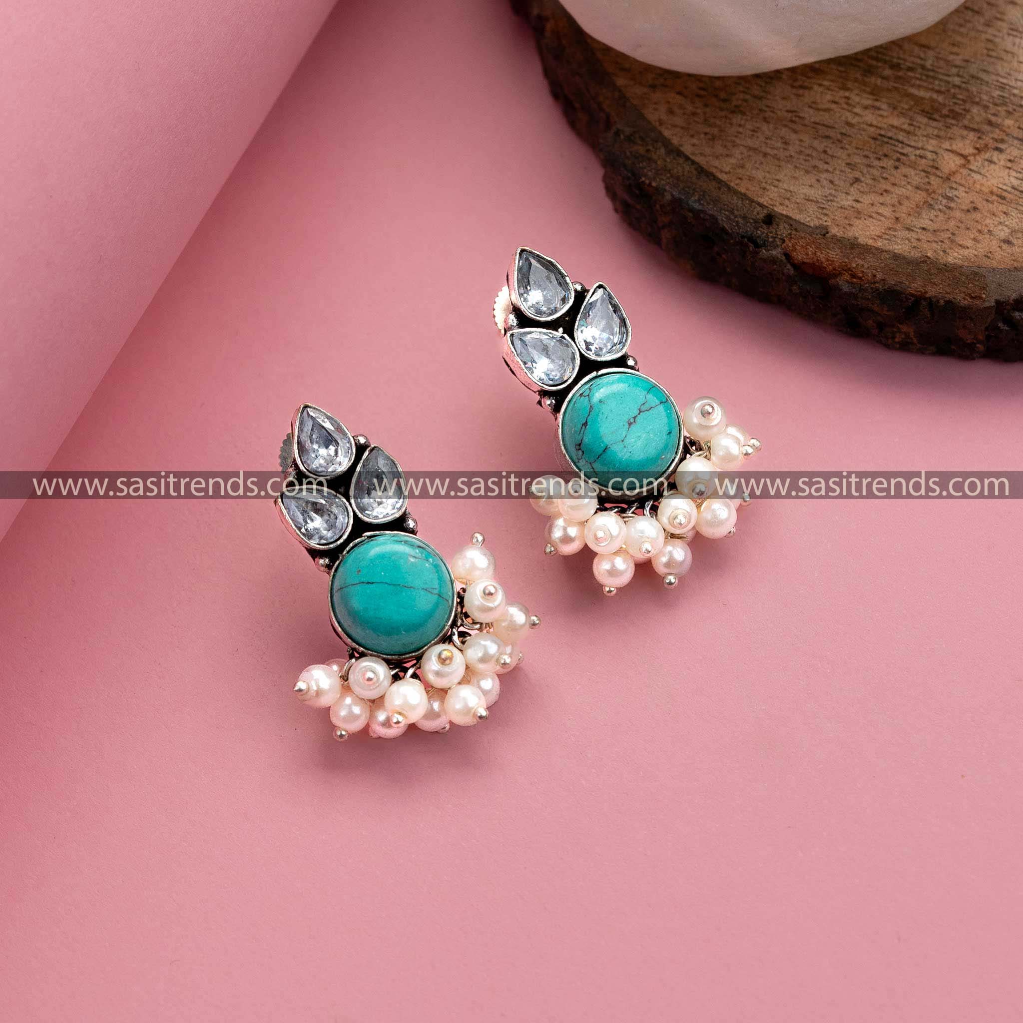 Turquoise Oxidized German Silver Earrings – Monalisa Stone, AD Stones, Pearl Drops for Women 