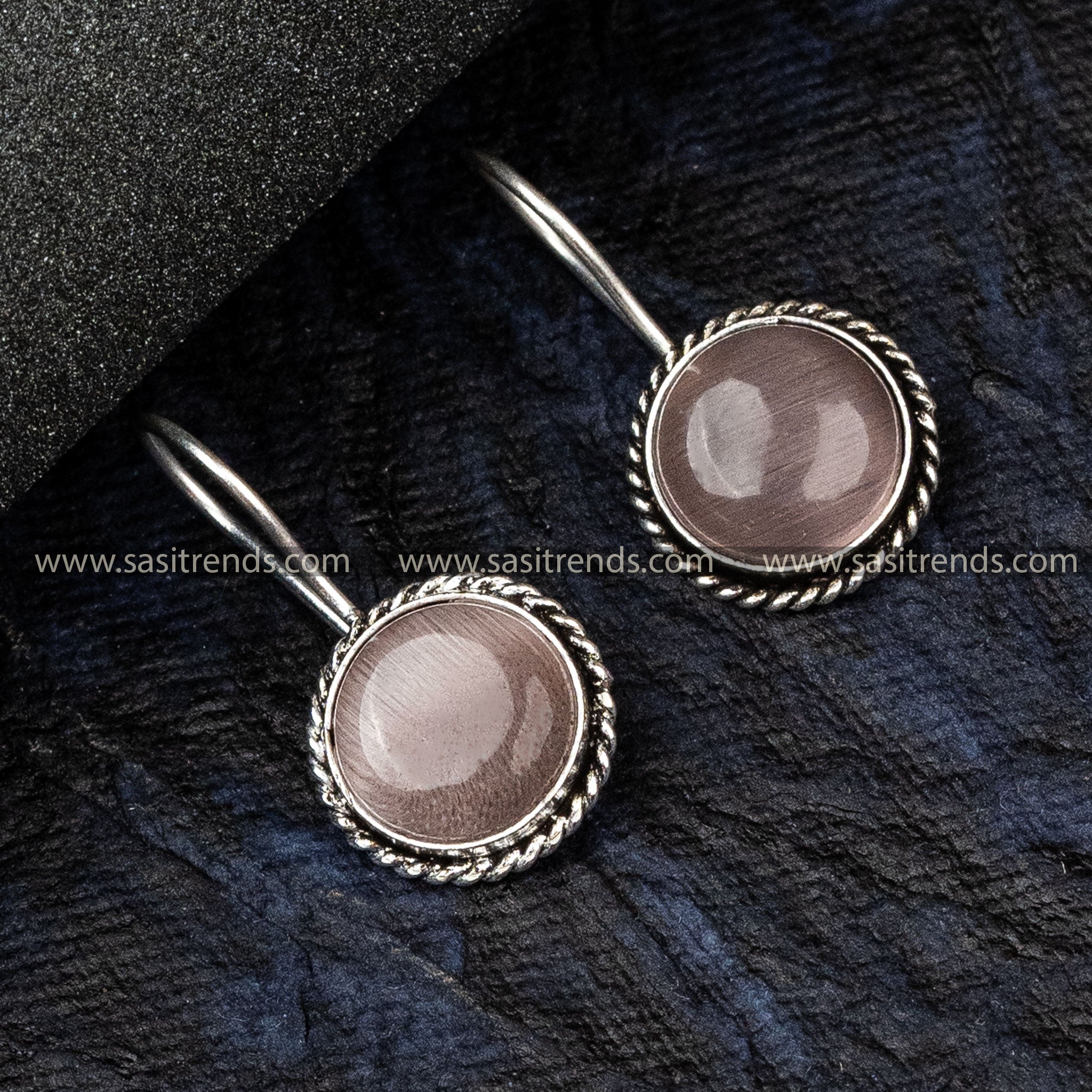 Office Wear Oxidised German Silver Earrings Circular Pattern Monalisa Stone Light Peach Earrings