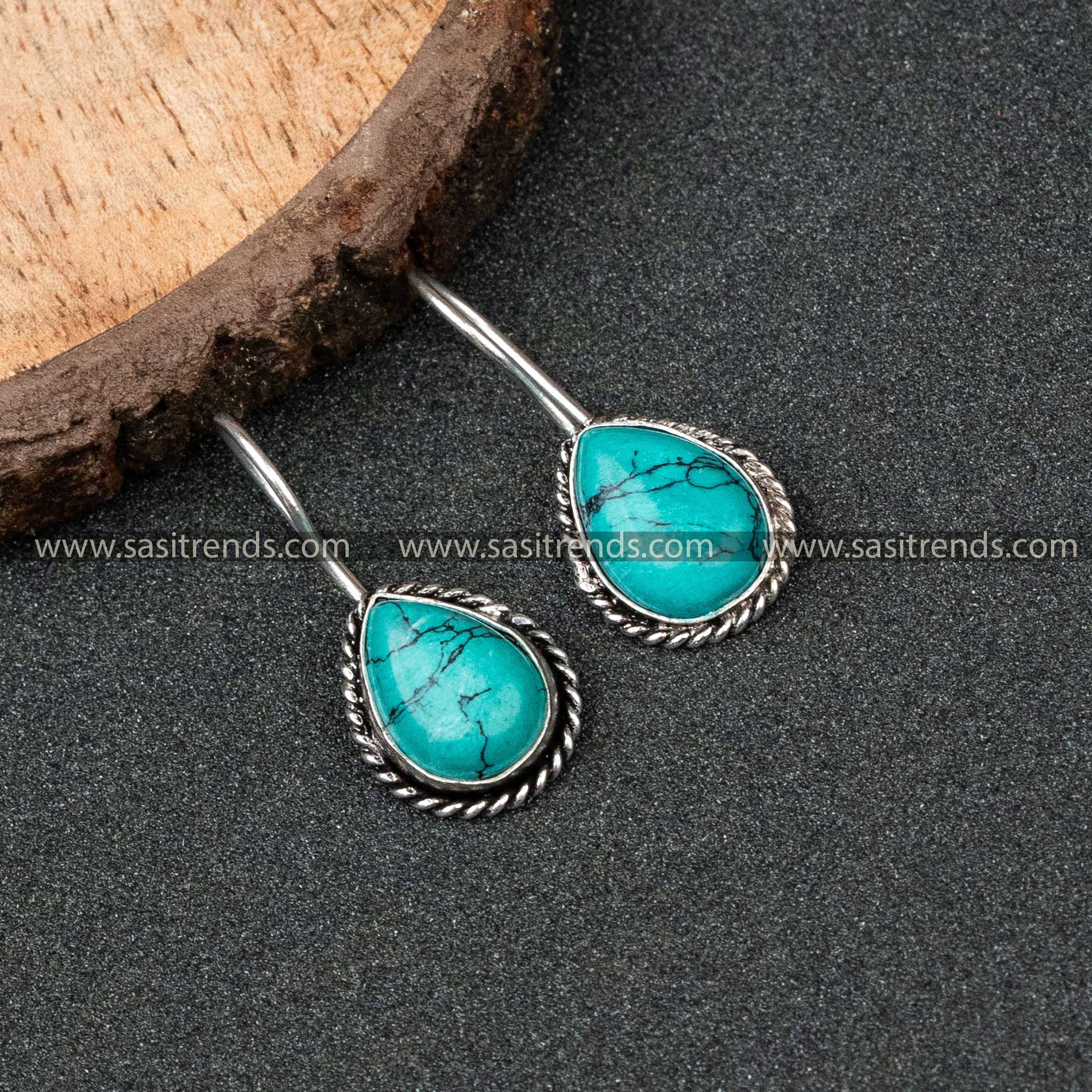 Office Oxidised German Silver Water Drop Monalisa Stone Earrings 