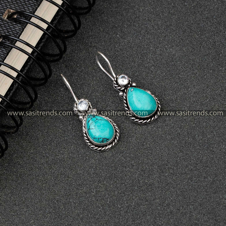 Office Wear Oxidised German Silver Water Drop Designer Fish Hook AD Stone Monalisa Stone Studded Earrings