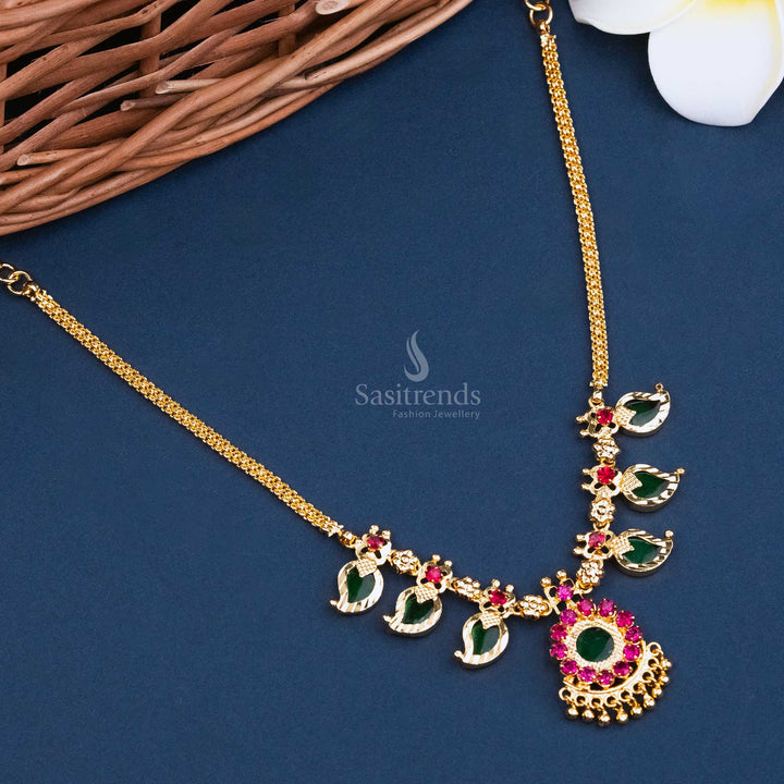 Kerala Style Gold Plated Necklace with Triple Mango Leaf Palaka Pendant - Sasitrends
