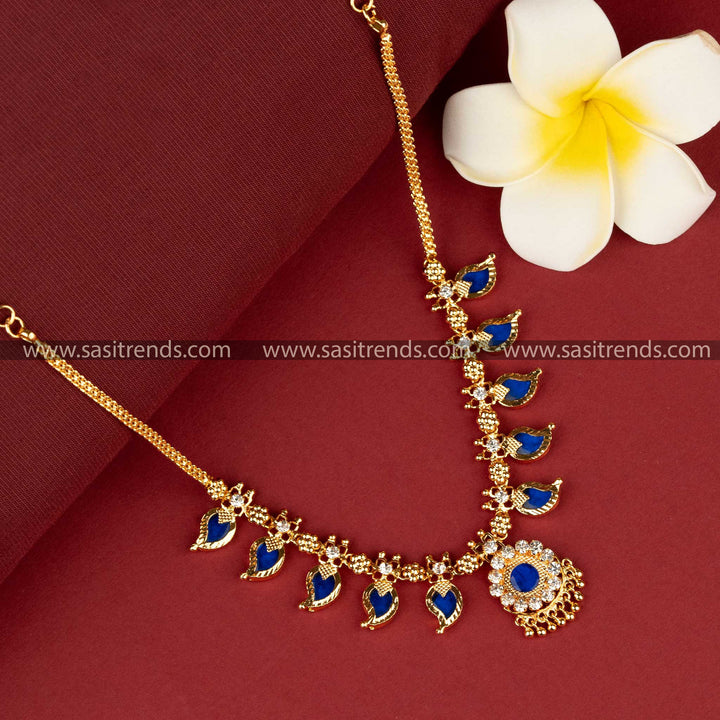 Trendy Traditional Blue Palakka Mango Necklace - 5 Petal Design