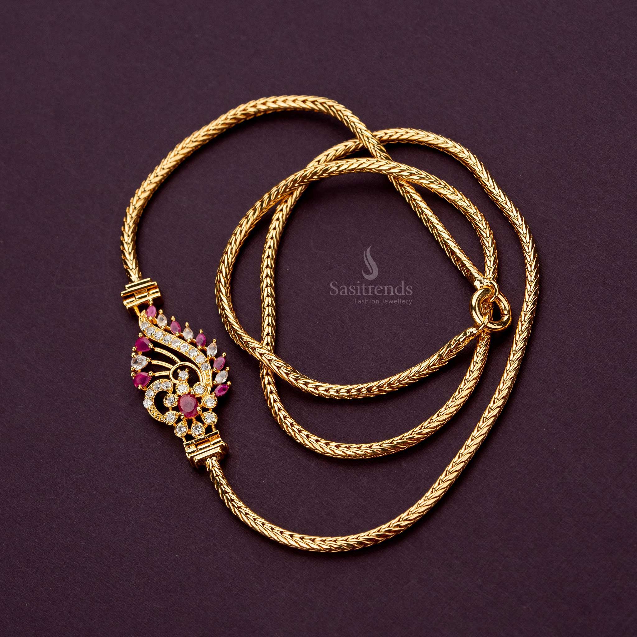 One gram mugappu chain with floral detailing, featuring a combination of white and ruby AD stones for a luxurious touch - Sasitrends