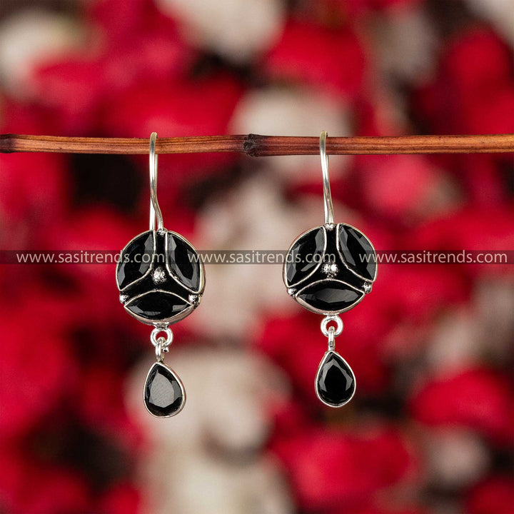 Onyx black stone earrings with a bold look on oxidised German silver