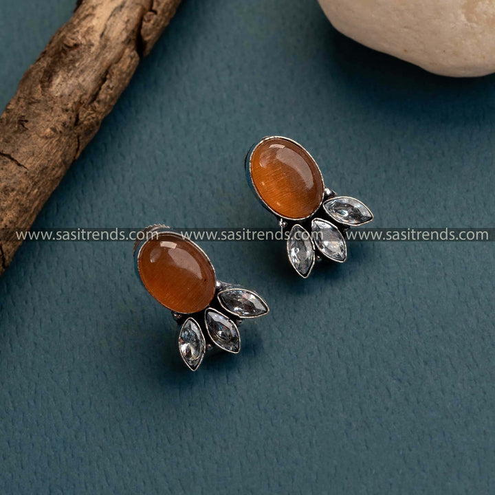 Dark Peach Stone Oxidized German Silver Stud Earrings – Trendy Office Wear with Monalisa and AD Stones