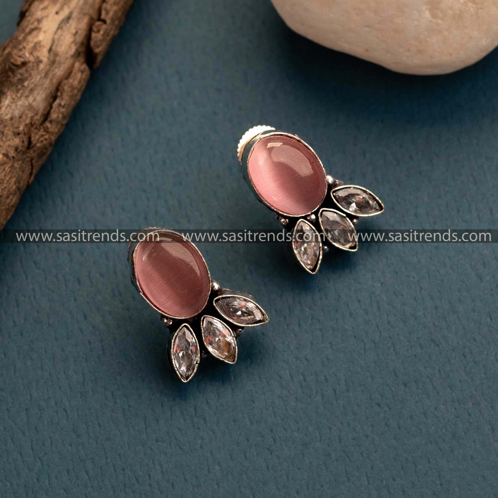  Pink Stone Oxidized German Silver Stud Earrings – Trendy Office Wear with Monalisa and AD Stones