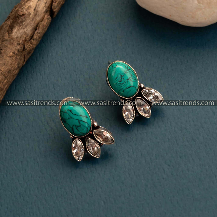 Turquoise Stone Oxidized German Silver Stud Earrings – Amazing Office Wear with Monalisa and AD Stones, Perfect for Traditional Gatherings