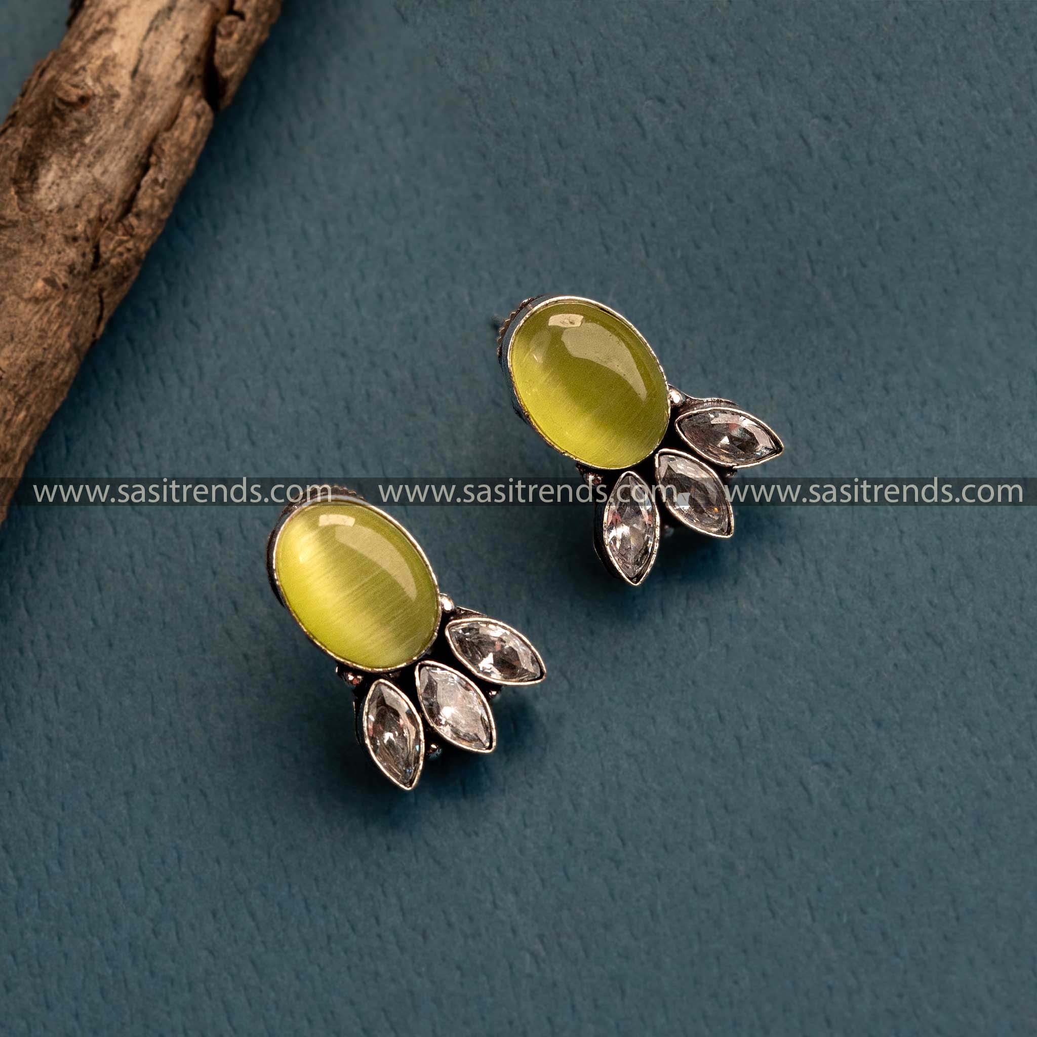 Pear Stone Oxidized German Silver Stud Earrings – Trendy Office Wear with Monalisa and AD Stones