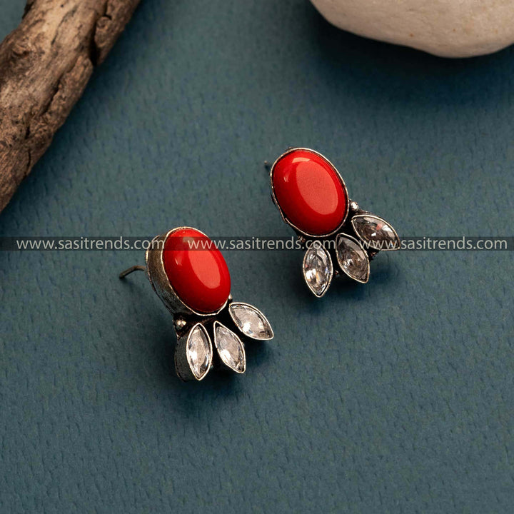 Red Stone Oxidized German Silver Stud Earrings – Amazing Office Wear with Monalisa and AD Stones