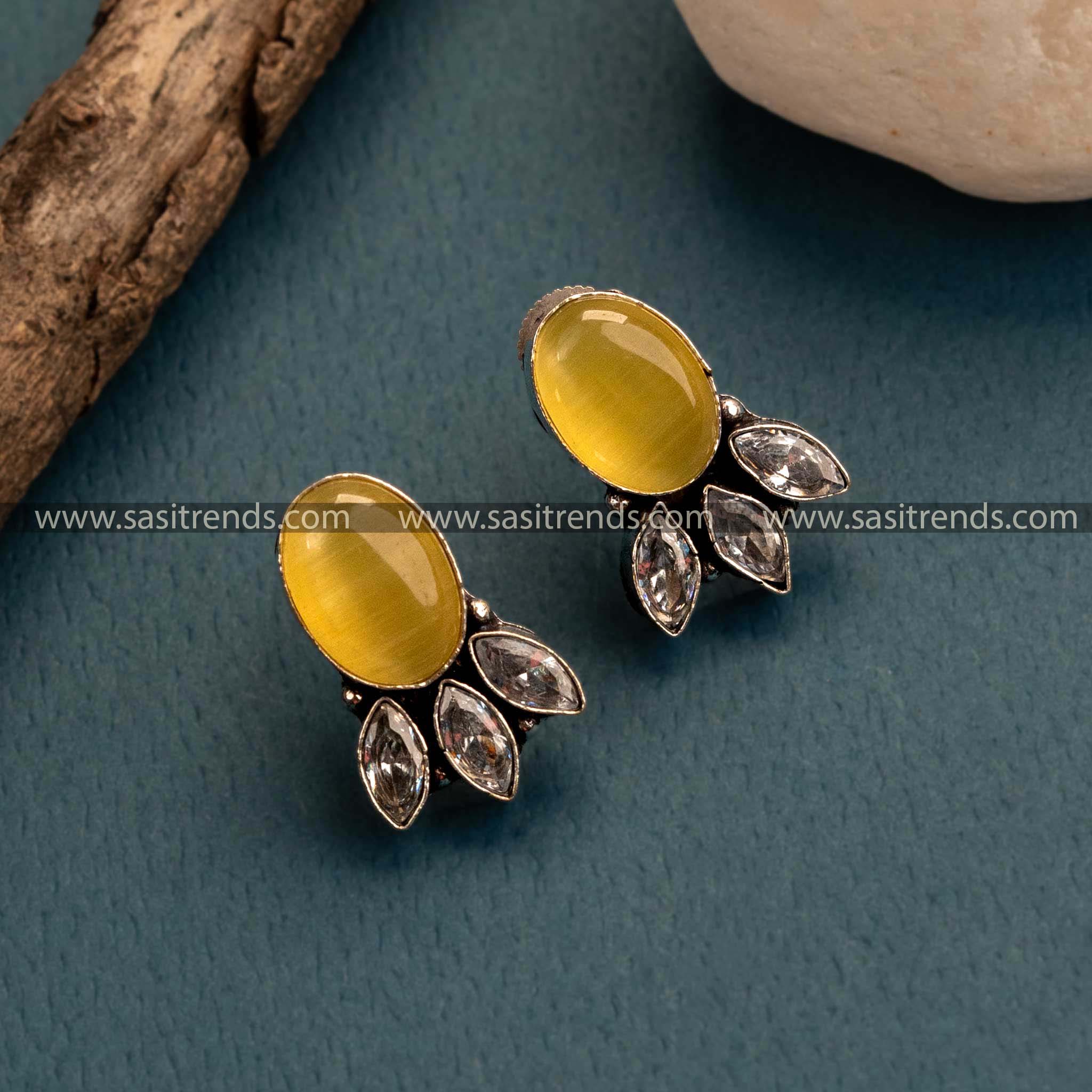 Oxidized German Silver Stud Earrings – Amazing Office Wear with Yellow Monalisa and AD Stones