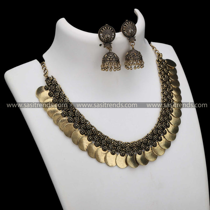 Sasitrends Oxidised Jewellery Set - Traditional Plain Coin Necklace & Jhumka in Silver & Gold