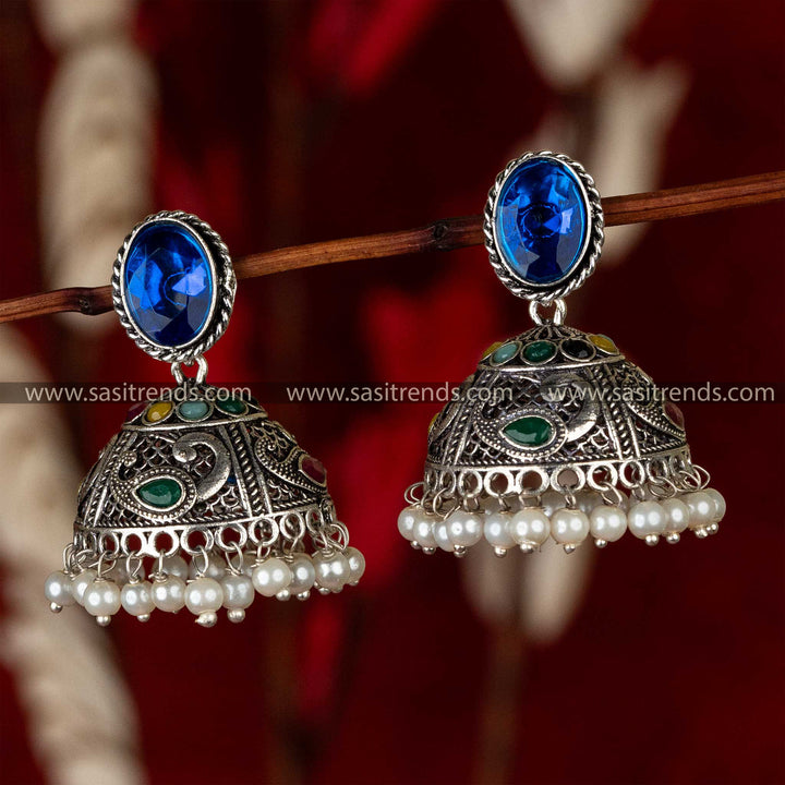 Oxidised German Silver blue Monalisa Stone Jhumka Earrings