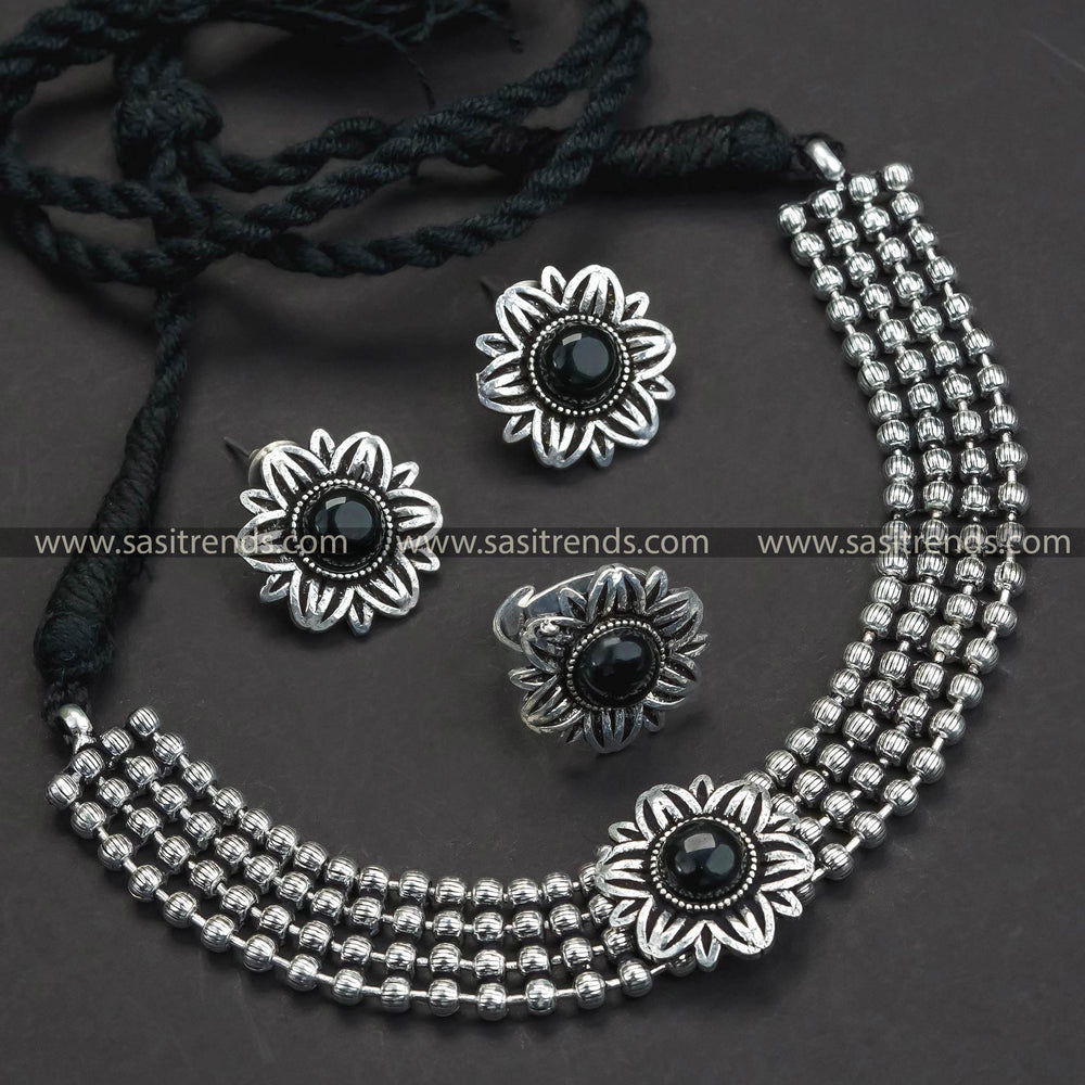 Bold Black Stone Floral Choker Necklace - Oxidized German Silver Jewelry Combo Set