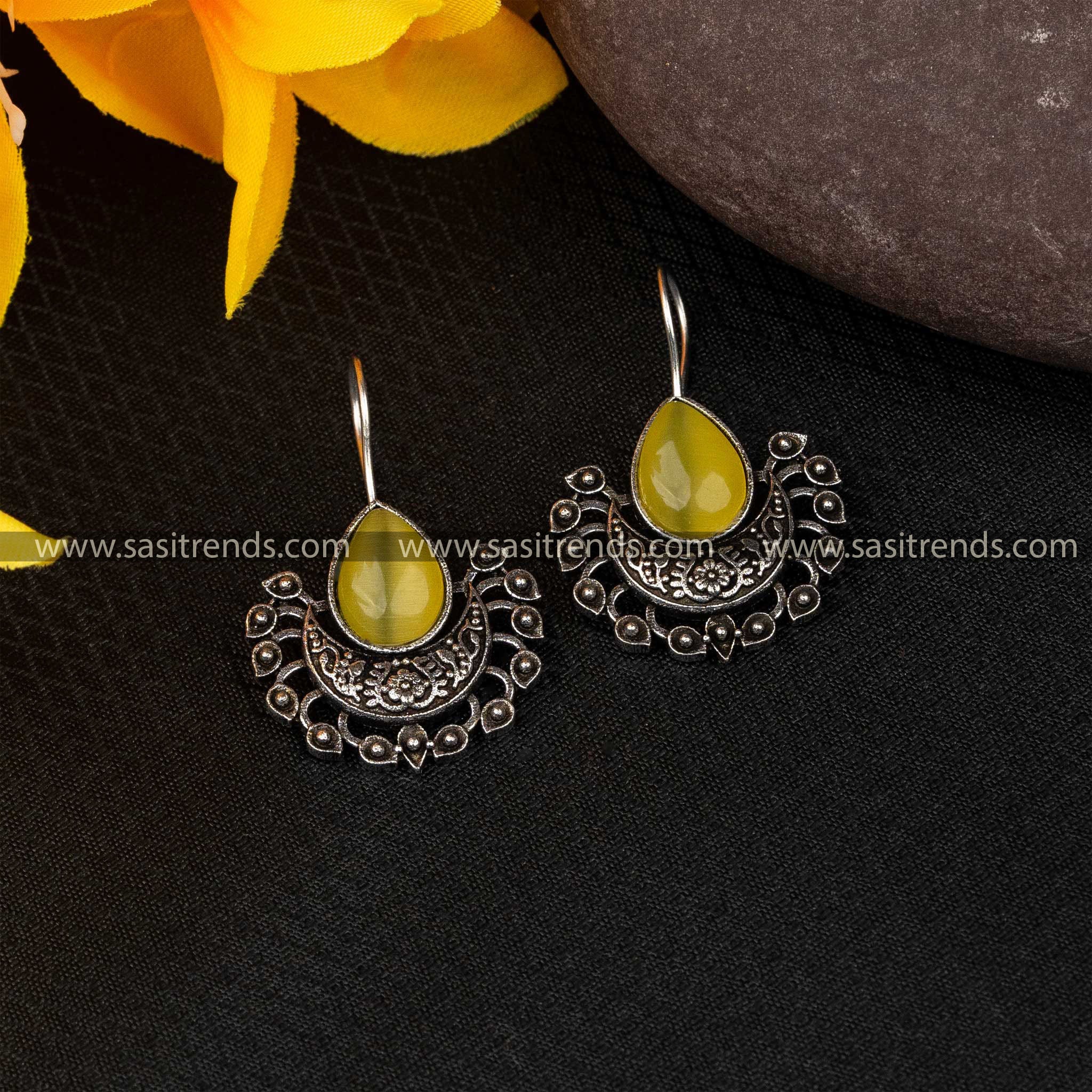 Citrine yellow stone fish hook earrings with oxidized silver detail