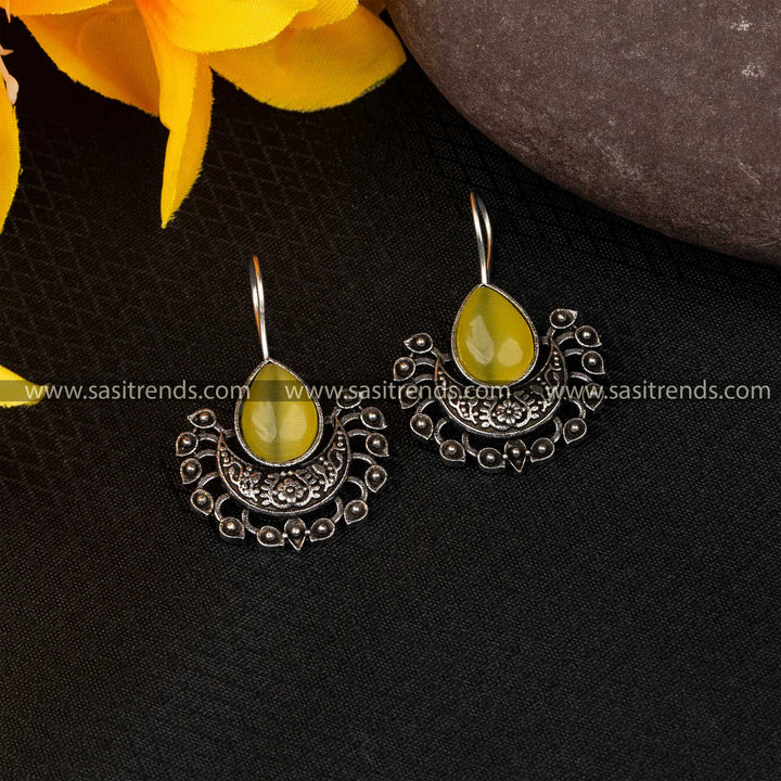 Citrine yellow stone fish hook earrings with oxidized silver detail