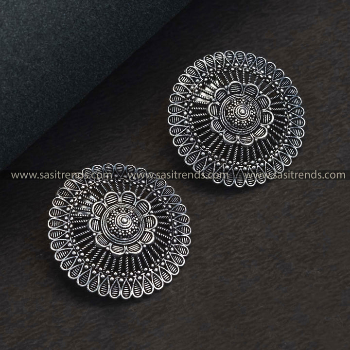 Oxidised German Silver Floral Pendant Choker Set - Elegant Combo with Stud Earrings & Ring