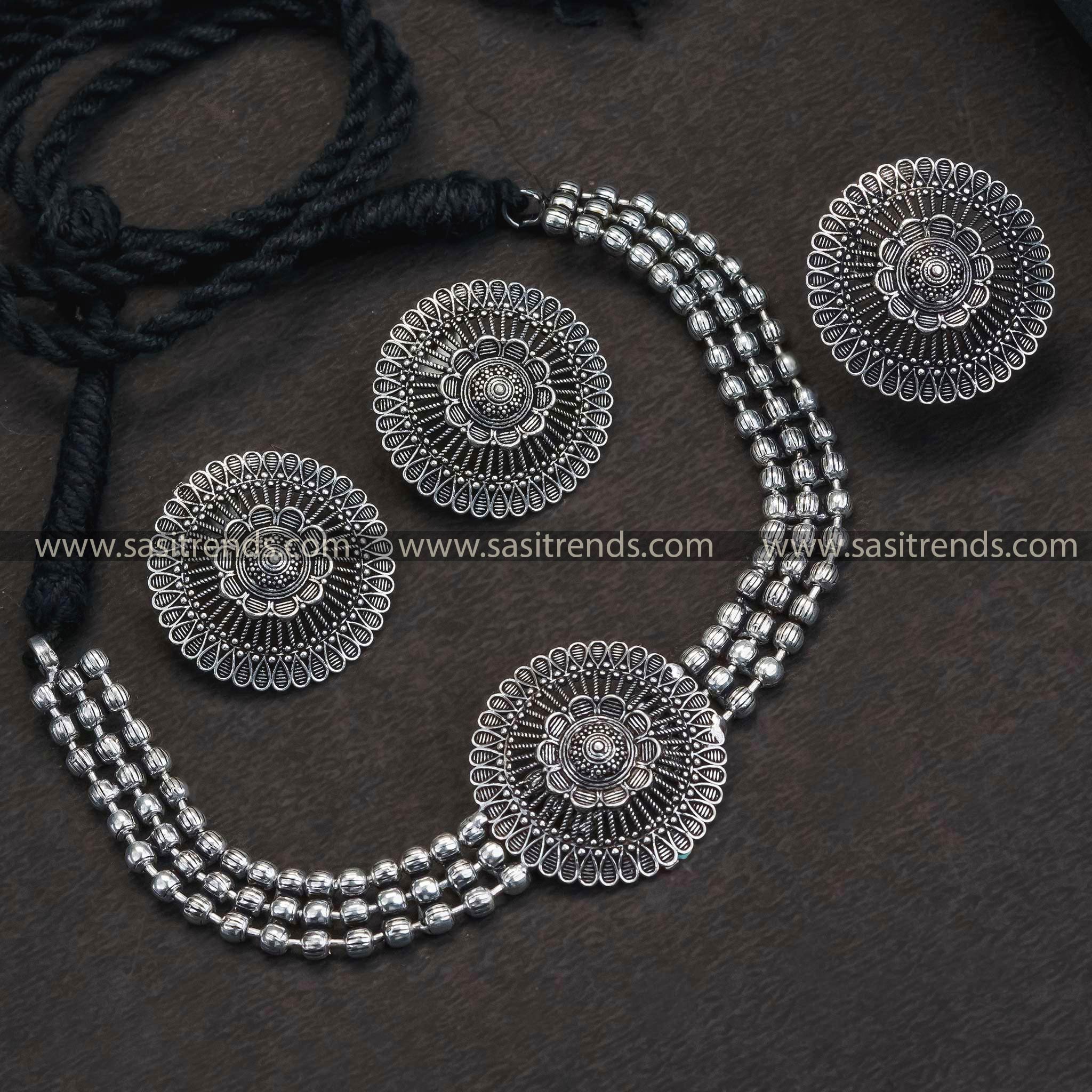 Oxidised German Silver Floral Pendant Choker Set - Elegant Combo with Stud Earrings & Ring