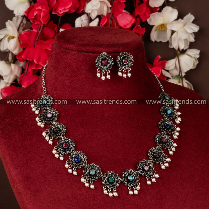 Layered Jasmine Flower Motif Oxidised German Silver Necklace Set with Pearls - Sasitrends