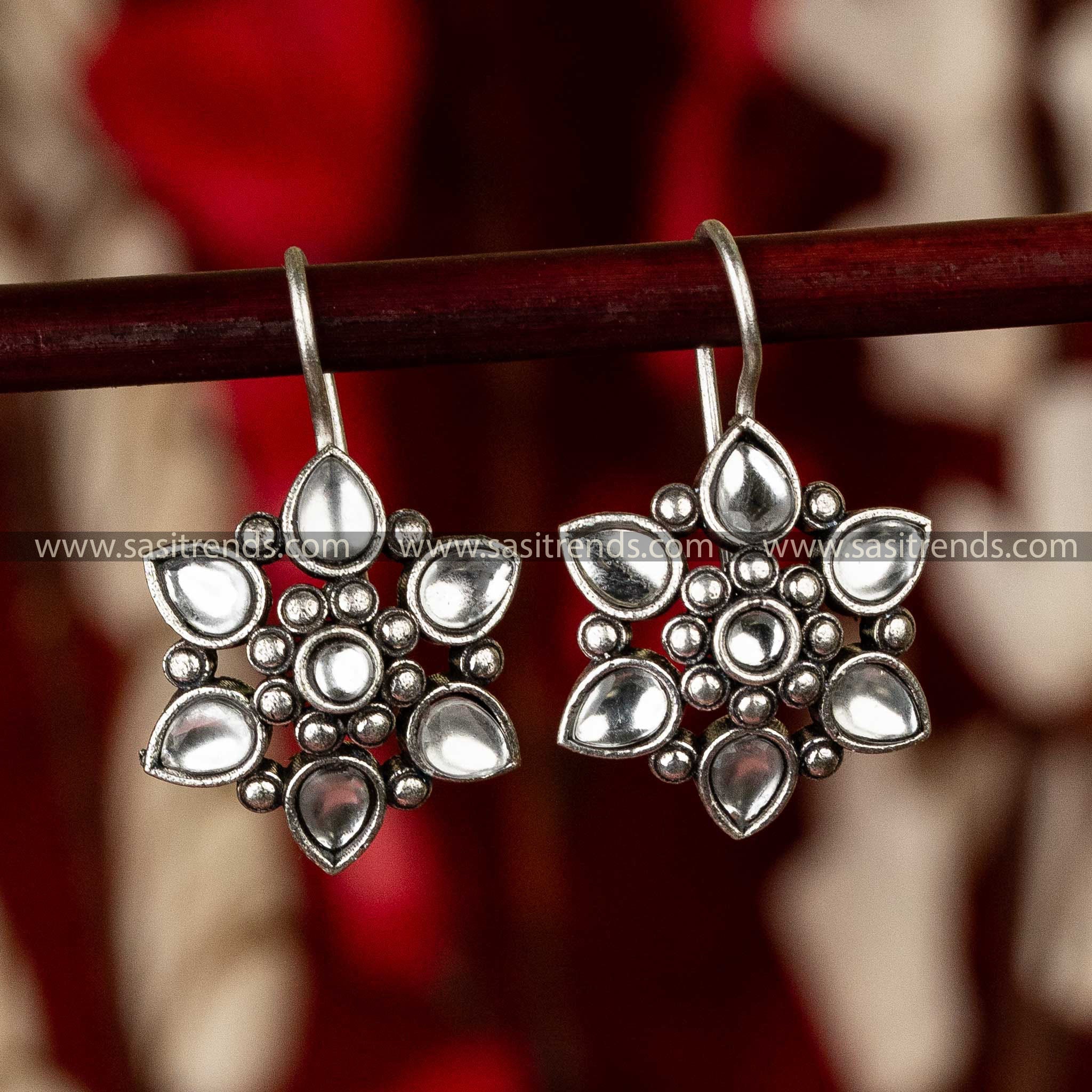 Oxidised White Stones Fish Hook Earrings Navarathiri Special 