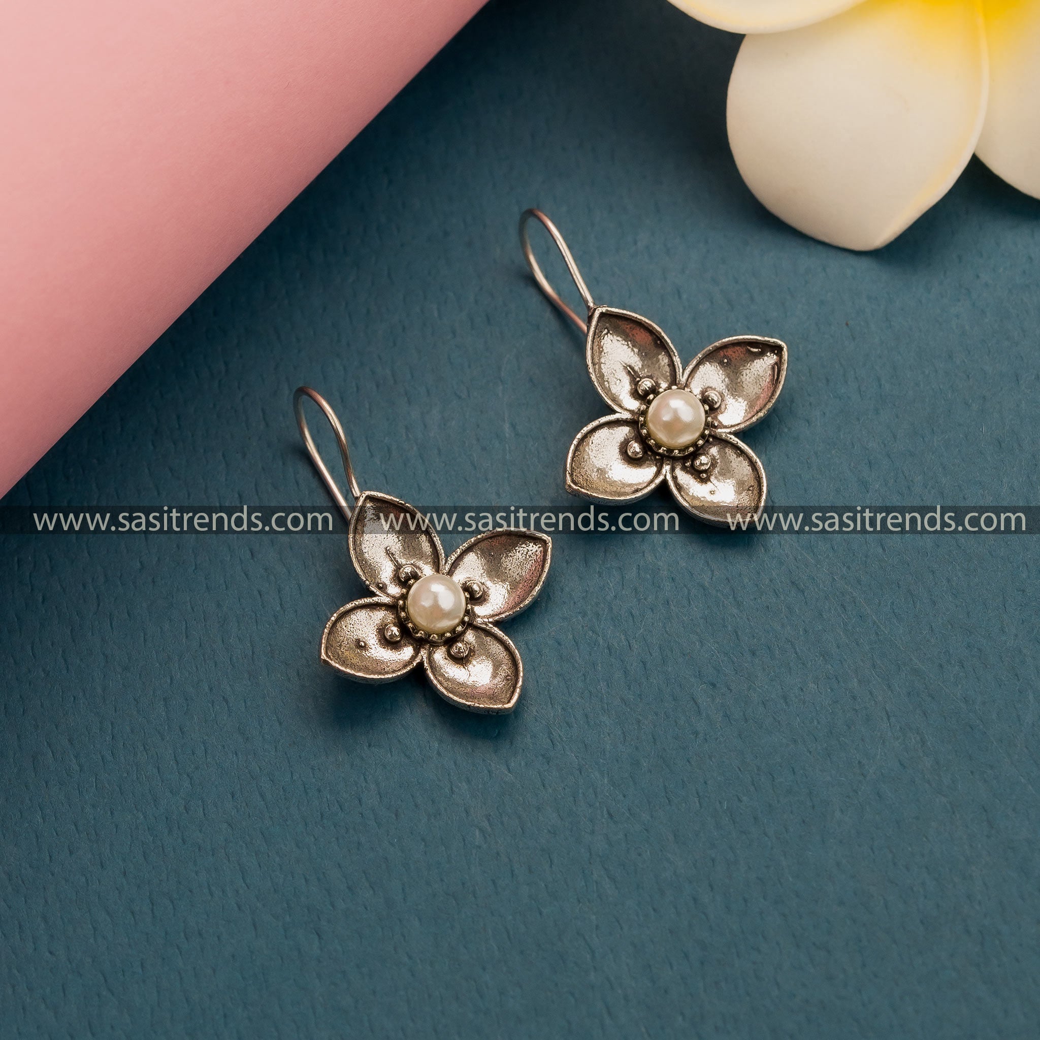 New Office Wear Oxidized German Silver AD Stone Floral Hook Earrings in Pearl - Trendy Collections for Women