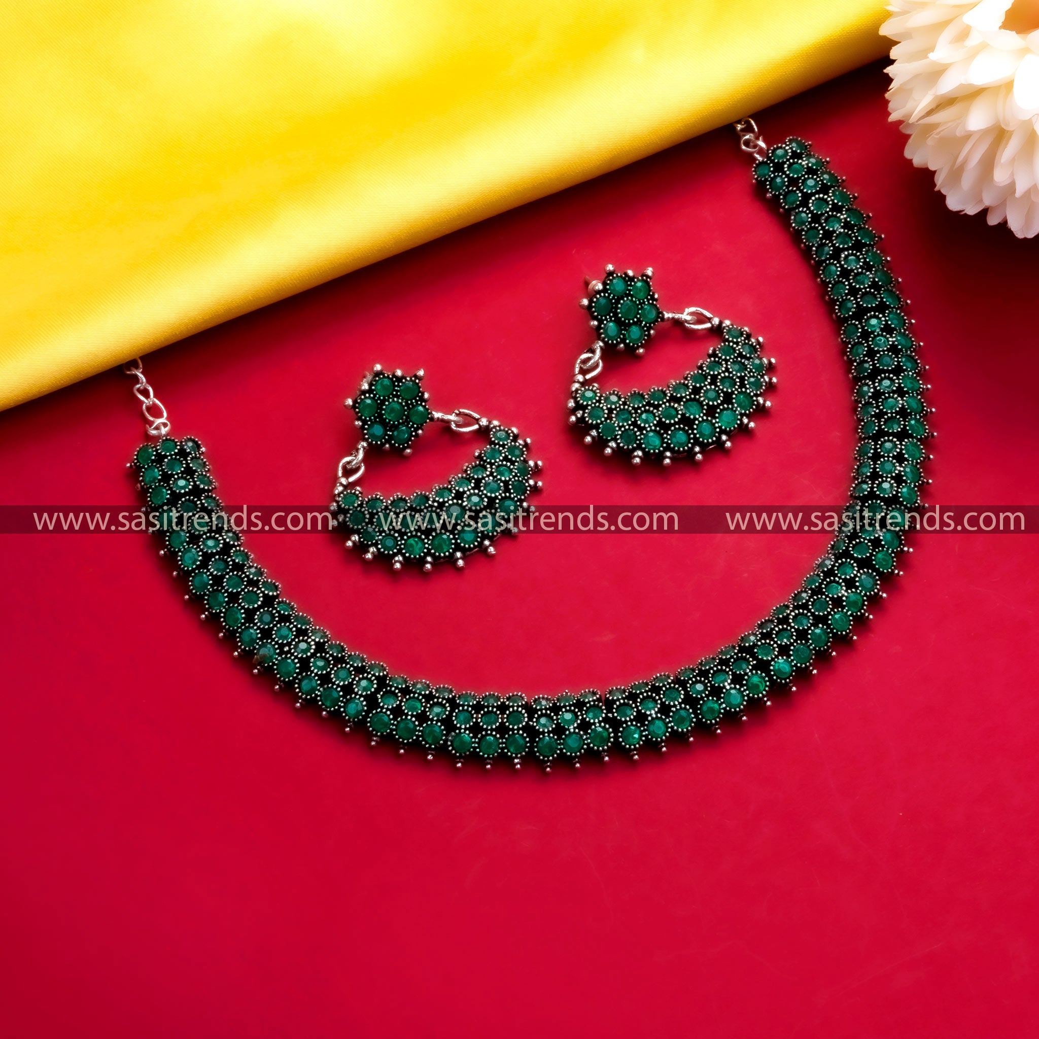 Oxidised German Silver Pearl Necklace Set with Green Stones - Trendy Party Wear