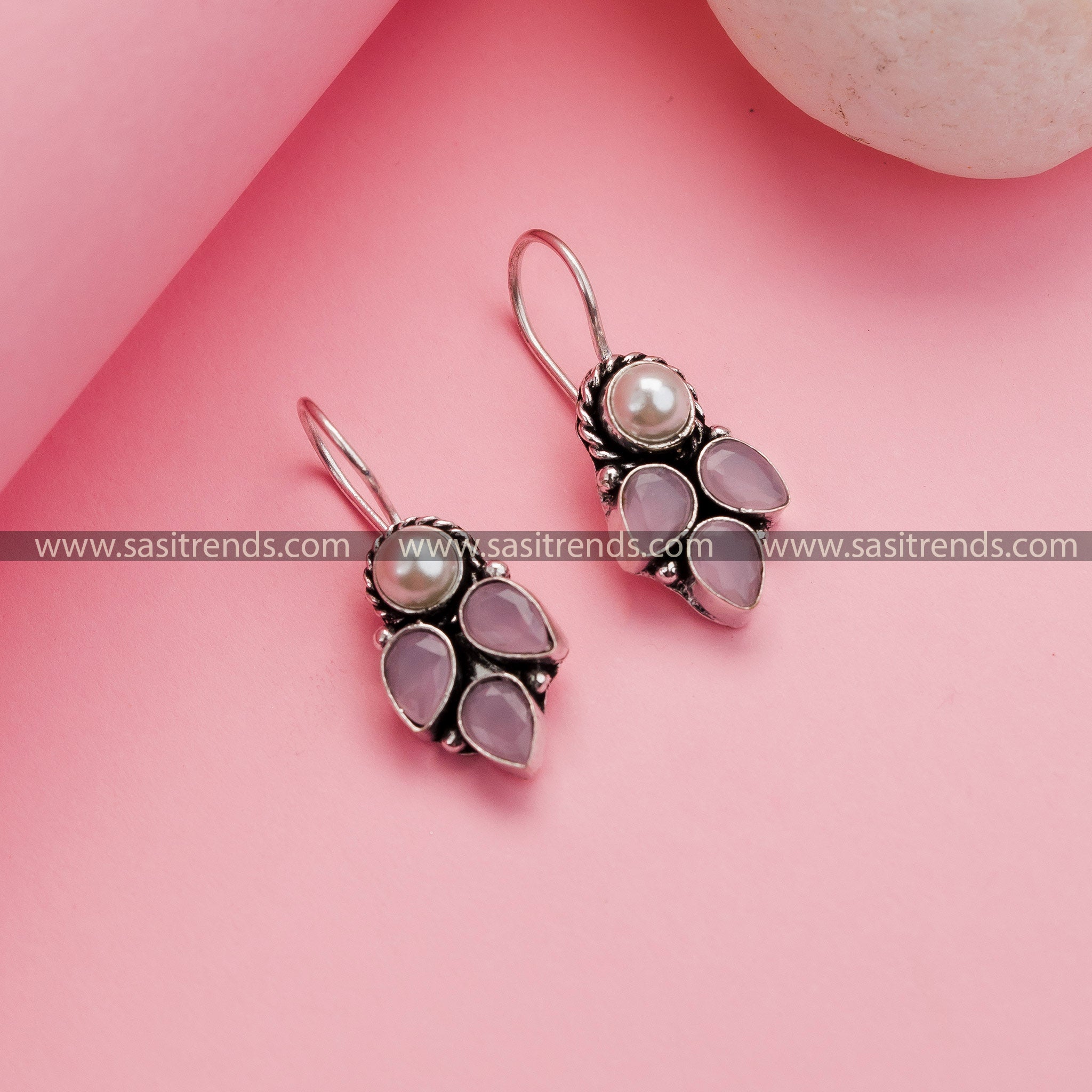 Office Wear Oxidized German Silver Hook Earrings in Pink - Trendy Collections with Pearl and AD Stone Drops for Women