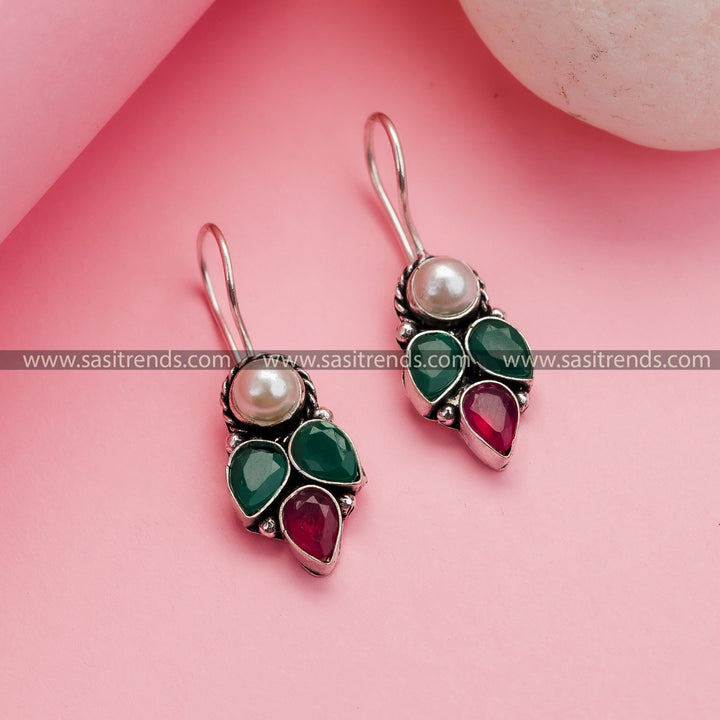 Office Wear Oxidized German Silver Hook Earrings in Ruby-Green - Trendy Collections with Pearl and AD Stone Drops for Women