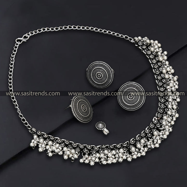 Navarathna Oxidised German Silver Combo Set - Floral Pattern Necklace with Stud Earrings, Nose Pin, and Ring