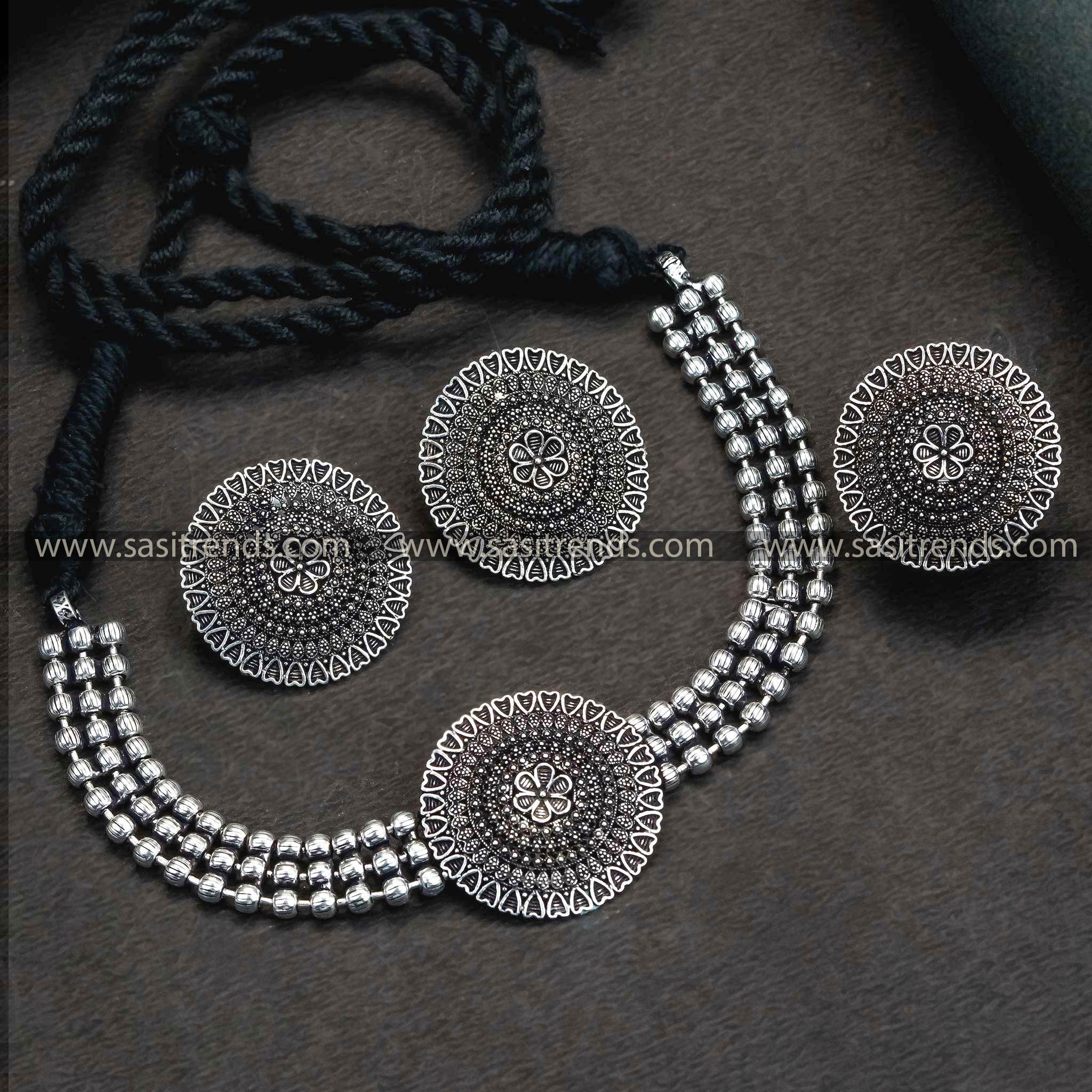 New Oxidized German Silver  Floral Pendant Choker Set - Traditional Combo Jewelry with Stud Earrings and Ring