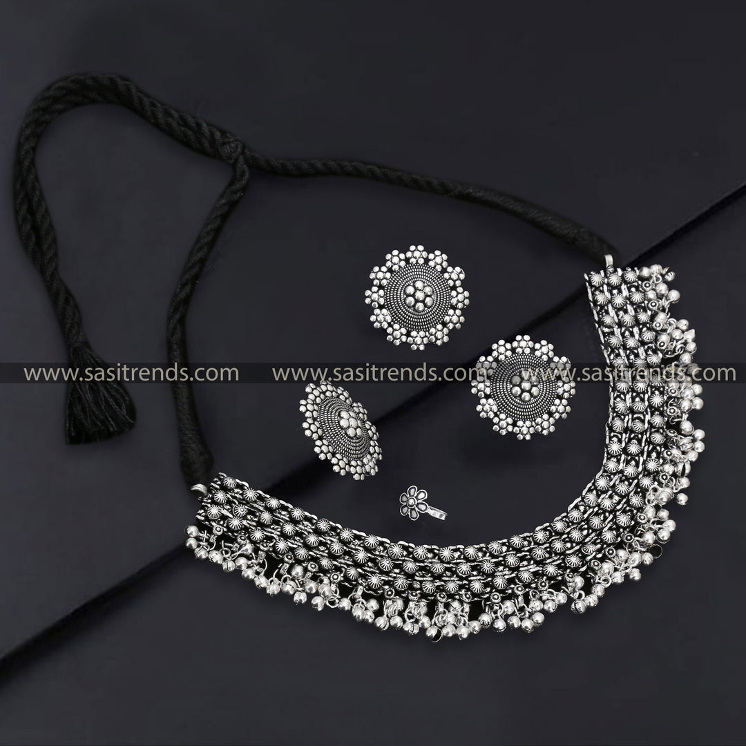 Latest Traditional Oxidized German Silver Combo Jewelry Set with Floral Patterns, Hanging Beads Navarathna Collections