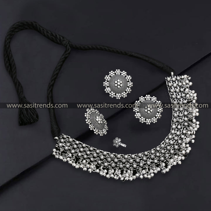 Latest Traditional Oxidized German Silver Combo Jewelry Set with Floral Patterns, Hanging Beads Navarathna Collections