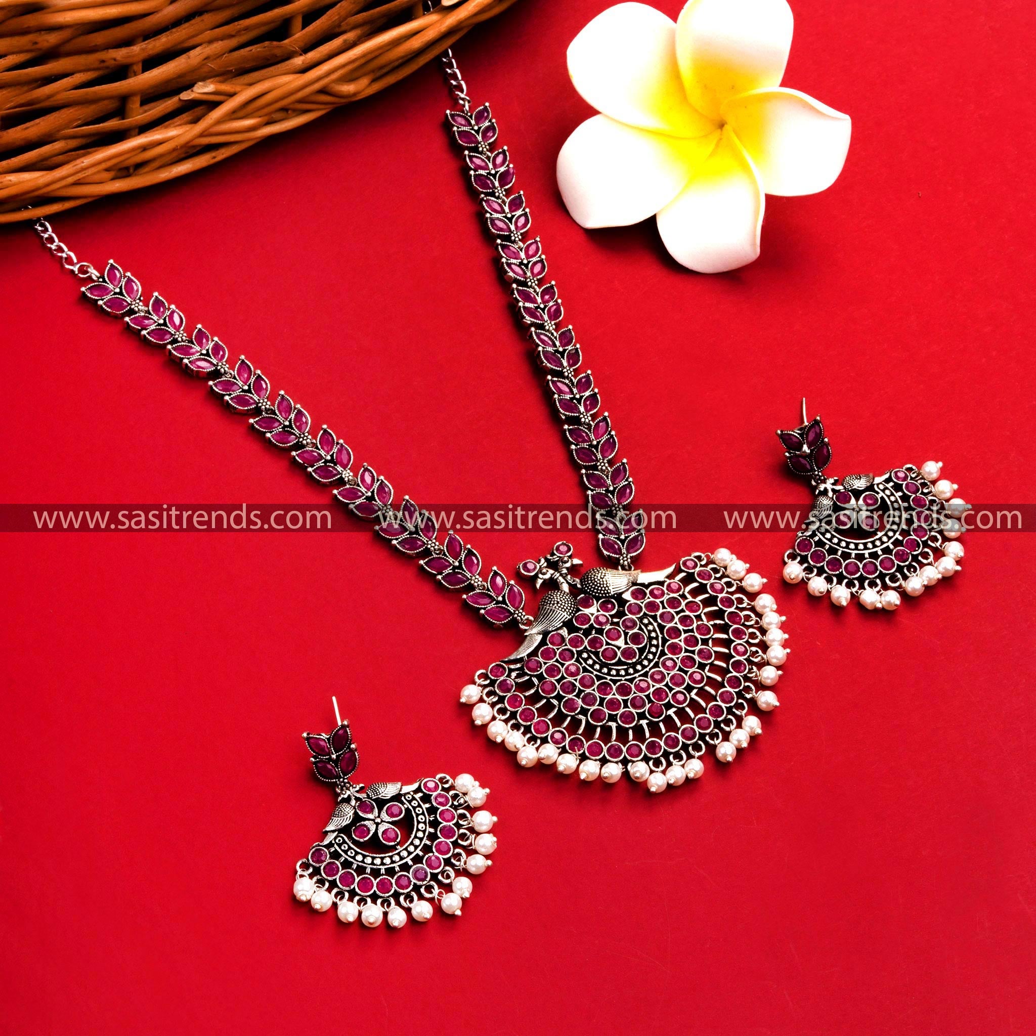 Oxidized German Silver Ethnic Necklace with Ruby Stones and Peacock-Floral Pendant - Party Wear Accessory